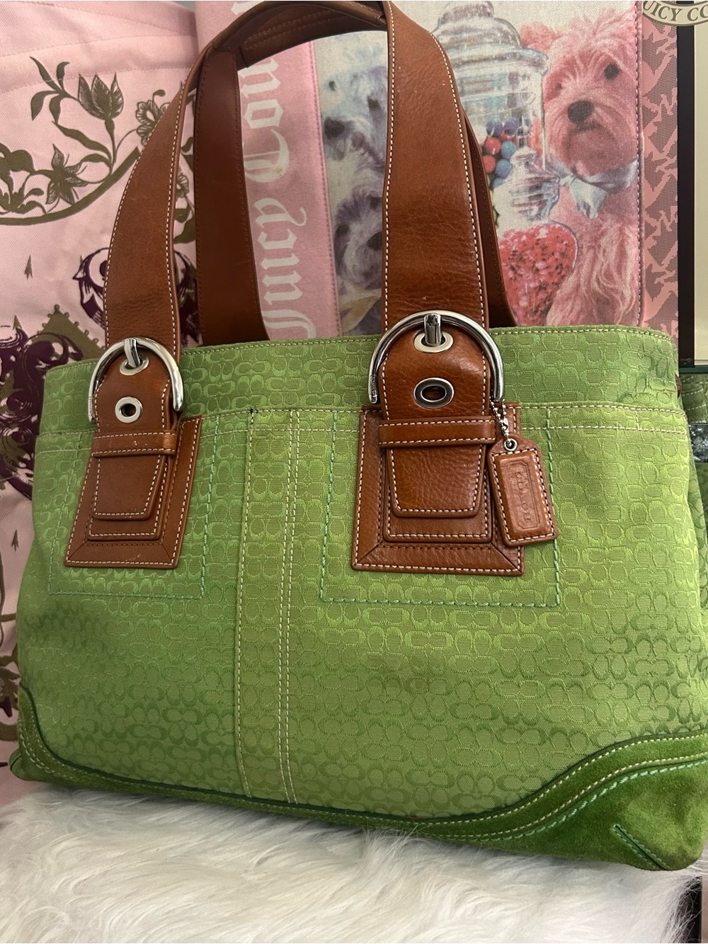 Y2K Vintage 2007 Coach SoHo Bright Green Signature Canvas Suede Large Bag 10928